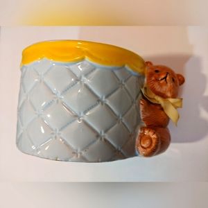 Vintage Teddy Bear Planter Ceramic Flower Pot Blue Yellow